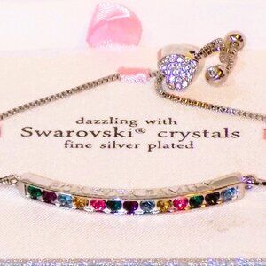 New $60 Forever Family Swarovski Crystals Fine Silver Plated Heart Bolo Bracelet
